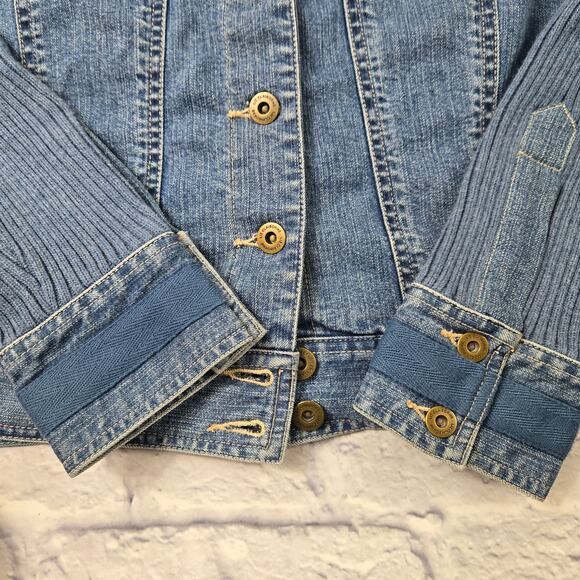 Liz Claiborne Denim Jean Jacket Knit Sleeves Shawl Collar Pocket Cuff Trim sz 14 - Picture 7 of 16
